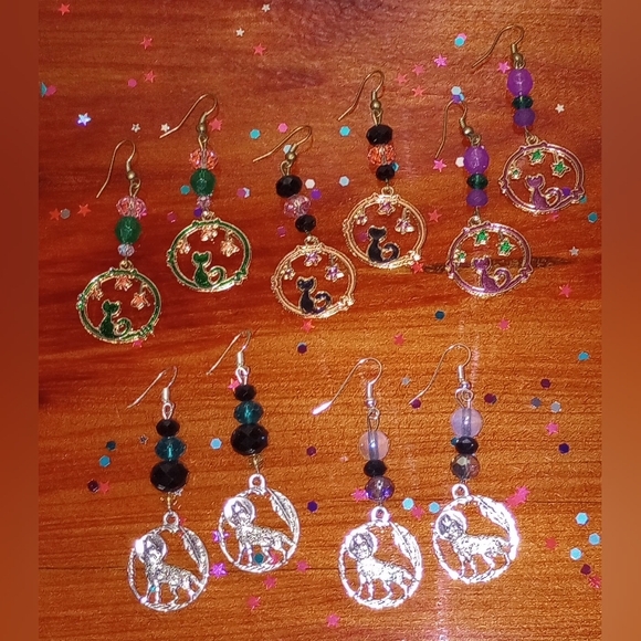 Cat Moon Wolf Witch Fairy Charmed Beaded Earrings Unique Handmade Holiday Gift - Picture 4 of 4
